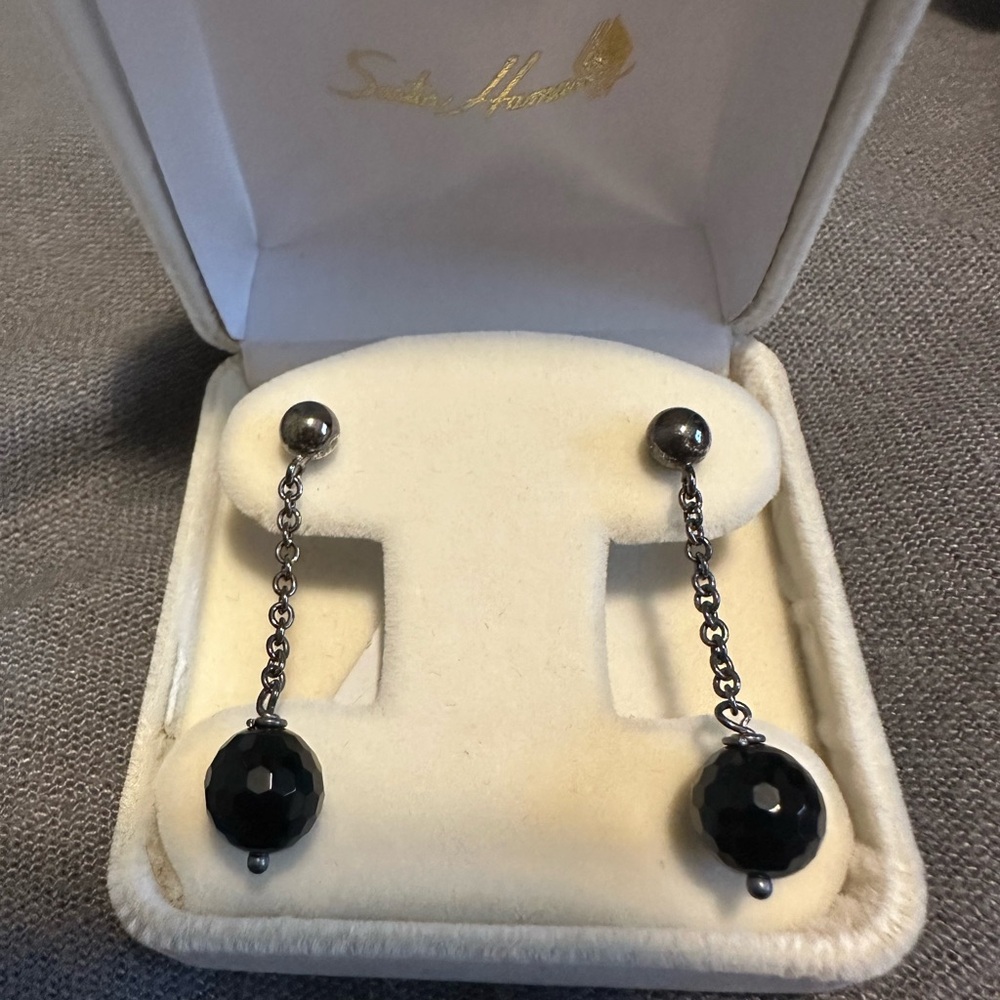 Silver-Tone Chain Drop Earrings with Black Faceted Beads